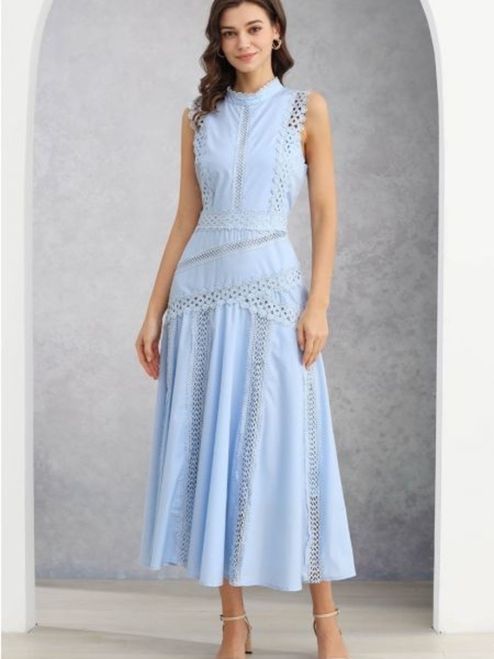 Chicwish DIVE INTO ELEGANCE LACE PANELLED SLEEVELESS DRESS IN BABY BLUE - Picture 3 of 9